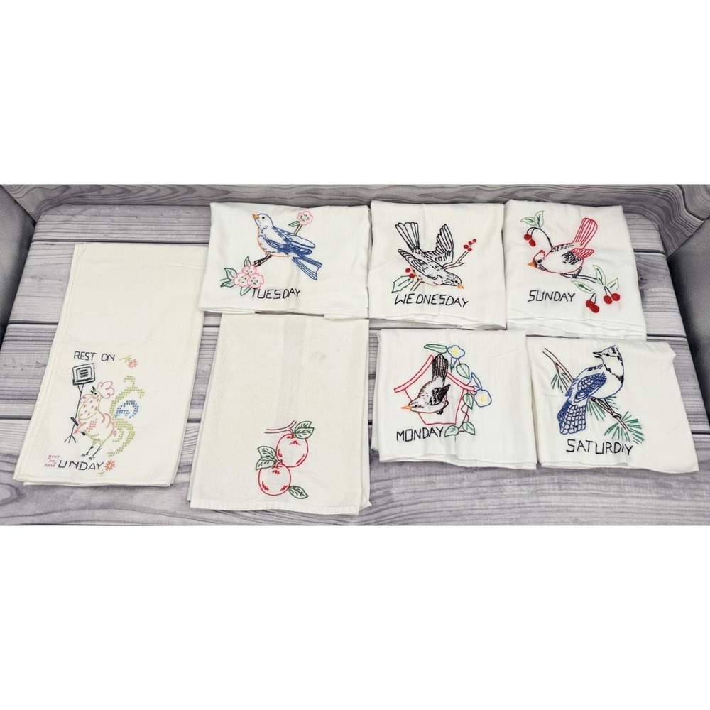 LOT OF 7 VINTAGE EMBROIDERED KITCHEN LINENS TEA TOWELS - WEEKDAYS AND CHERRIES